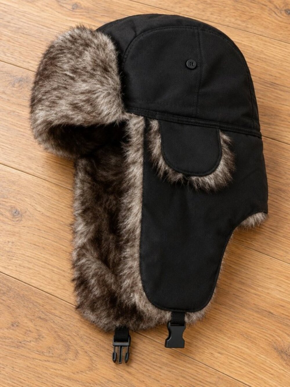 Black faux fur trapper hat - aviator ushanka winter hat with ear flaps